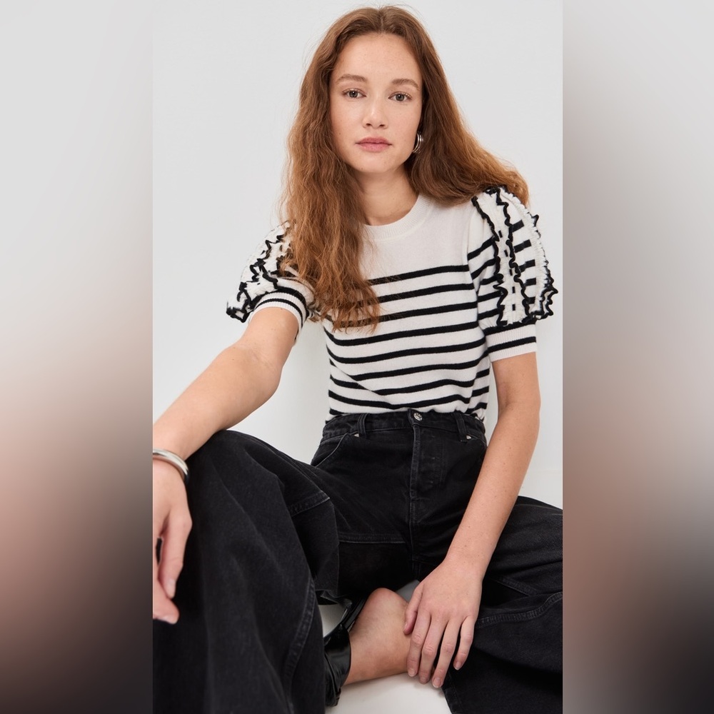 NWT $470 Ulla Johnson Ottilie Stripe Puff Sleeve Cashmere Sweater